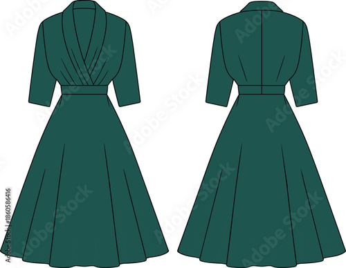 Elegant vintage wrap dress technical sketch, wide collar with belt waist, half sleeve full skirt silhouette, fashion cad drawing front back