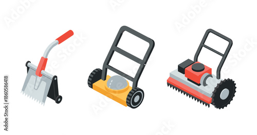 Isometric garden tools: hoe, lawn mower, and aerator for efficient landscaping