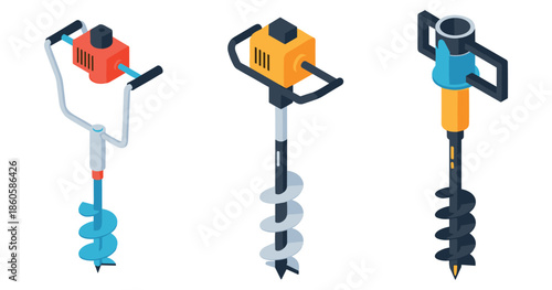 Set of three colorful augers with different designs and handles