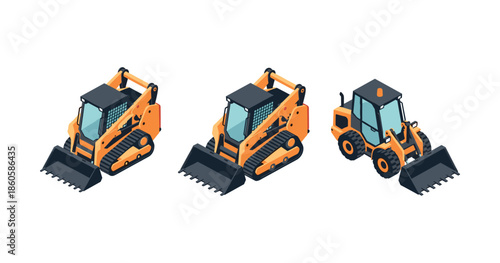 Trio of construction vehicles: bulldozer, skid steer, loader