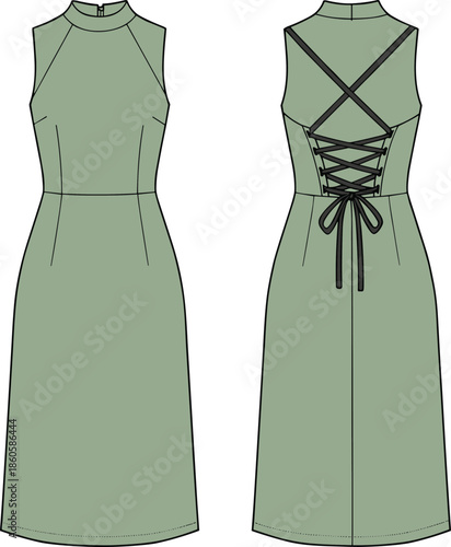 Elegant sleeveless midi dress, back lace-up detail, high neckline design, fashion flat sketch, technical CAD drawing, vector template, editable file