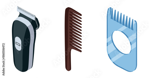 Electric hair clippers, brown comb, and blue guard on white background