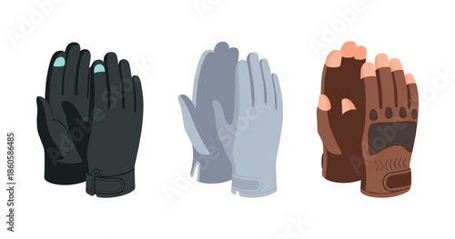 Set of three pairs of gloves: black, gray, and brown with padding