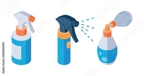 Set of three isometric spray bottles with different nozzles and designs