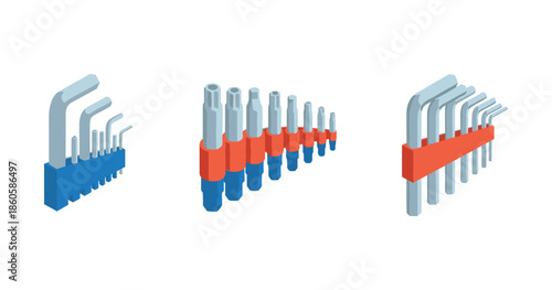 Hex key set in blue and red holders on white background