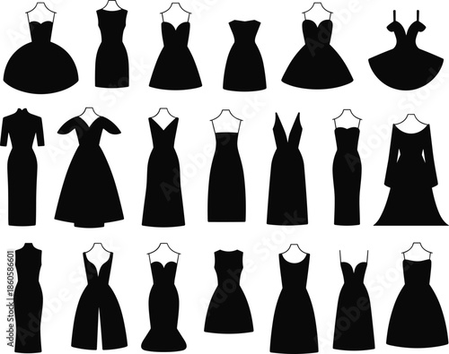 Elegant women dress silhouettes vector set, formal fashion gown collection, evening wear, black icons perfect for boutique, tailoring, wedding and clothing design.