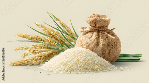 Pile of white rice and burlap sack with golden wheat.