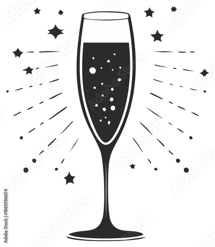 Stylized champagne flute filled with bubbly liquid and surrounded by celebratory starbursts and dots