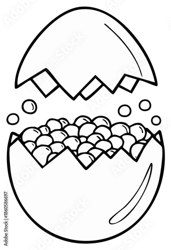 Cracked eggshell bursting with spheres line art illustration