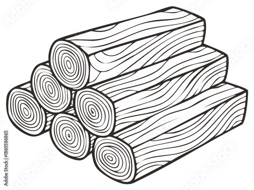 Stylized black and white line art illustration of a pile of stacked firewood logs