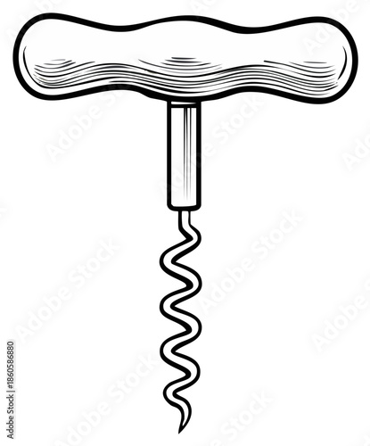 Vintage corkscrew illustration, hand drawn graphic design, wine opening tool
