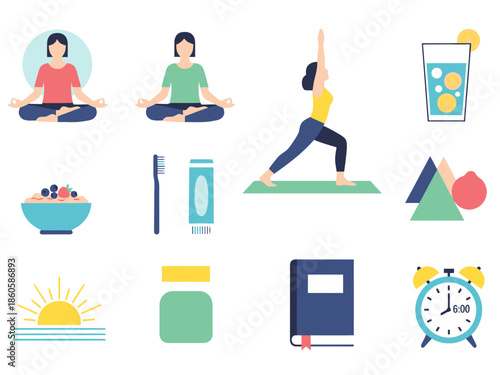 Daily Healthy Routine Icons Set Yoga Meditation Nutrition Sleep and Wellness Activities