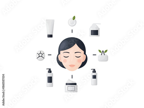 Woman s Face Surrounded by Skincare Products and Ingredients for Beauty Routine