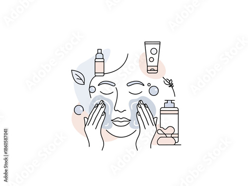 Minimalist Line Art of a Person Applying Skincare Products for Facial Care Routine