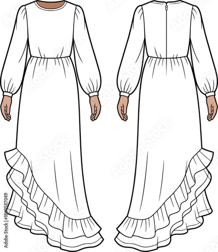Elegant long dress with ruffle hem, puff sleeves, asymmetrical design, flowing fabric, feminine style, fashion apparel, vector illustration, cad drawing flat vector illustration