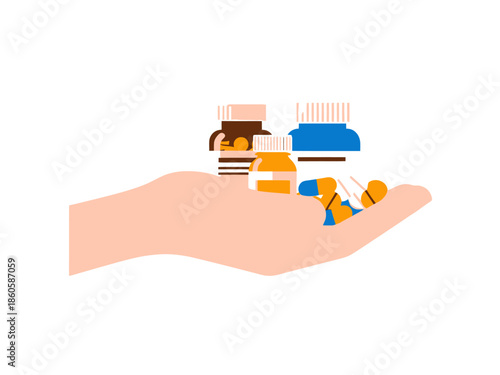 Hand Holding Pharmaceutical Bottles and Capsules Healthcare Concept