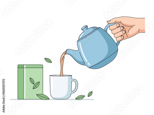 Hand Pouring Hot Tea from Kettle into Cup Next to Tin Container