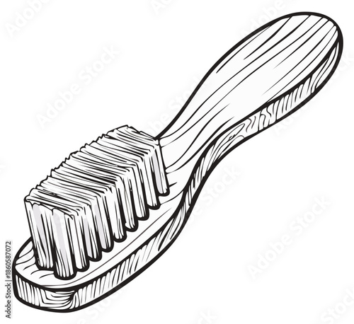 Close up illustration of a wooden scrubbing brush with bristles and handle