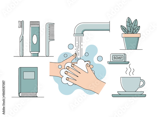 Personal Hygiene and Daily Routine Elements Flat Line Art Collection