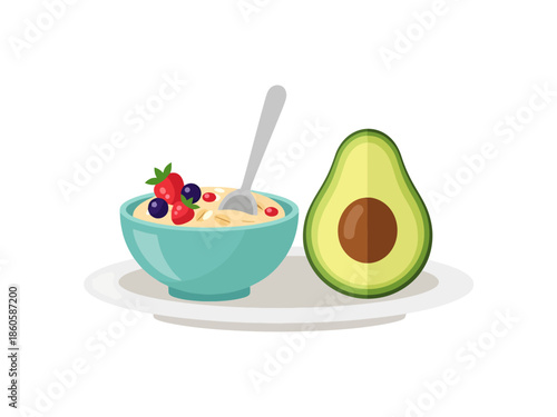 Healthy Breakfast Meal Oatmeal Bowl with Berries and Avocado Slice on Plate