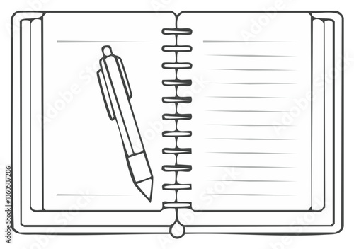 Open notebook and pen drawing, spiral binding, stationery for writing and notes.