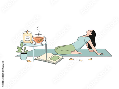 Serene Woman Practicing Yoga Pose with Book and Tea for Relaxation