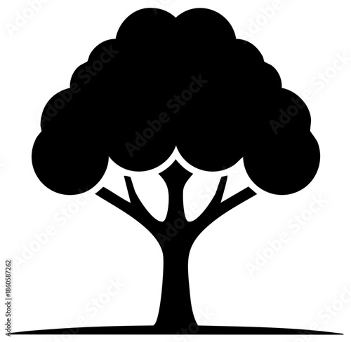 Simple Black Silhouette of a Lush Tree with Broad Branches and Dense Foliage