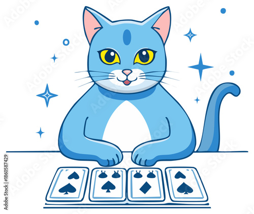 Cartoon Blue Cat Playing Poker Cards with Four Aces