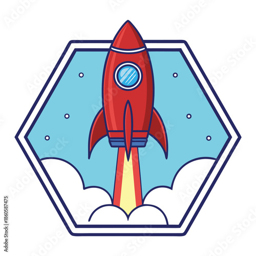 Red and Blue Space Rocket Launching from Hexagonal Platform with Flames