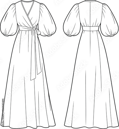 Elegant long maxi dress with puffy sleeves, tied waist wrap front, technical fashion cad, flat sketch, vector template illustration