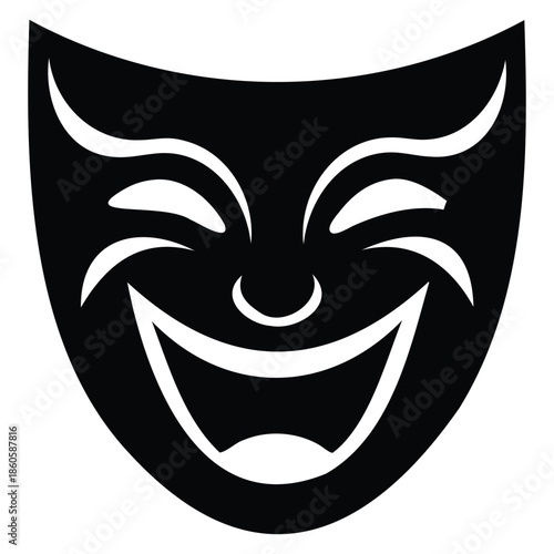BROKEN COMEDY TRAGEDY THEATRICAL MASK SILHOUETTE WITH A SINGLE CRACK FOR MELANCHOLY ART DRAMATIC PERFORMANCE POSTERS AND EMOTIONAL DESIGN