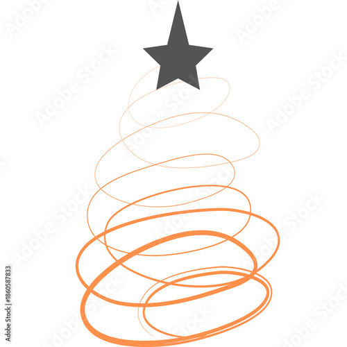 stylized christmas tree abstract shape with star on top and swirling orange lines on white background, minimal festive graphic