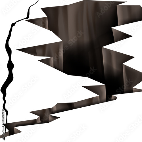 Deep irregular crack with jagged edges forming abyss, dark hole in ground, isolated white background showing a concept of earthquake or danger