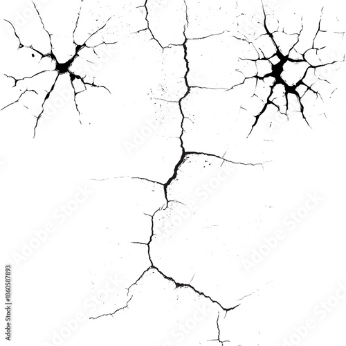 Cracks and damage on white wall texture, grunge background with broken surface lines, abstract pattern showing distress, age or destruction