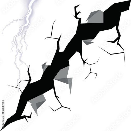 Lightning bolt hitting ground crack illustration with debris and stone fragments perfect for natural disaster themes power energy concepts stormy weather graphics and dramatic geological split art