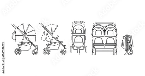 Outline of versatile baby strollers in multiple configurations