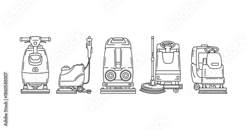 Line art of floor cleaning machines: scrubbers, buffers, polishers, sweepers