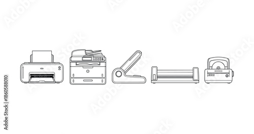 Outline illustrations of various printers and office equipment