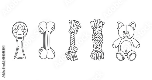 Set of black and white pet toys including rope and plush bear