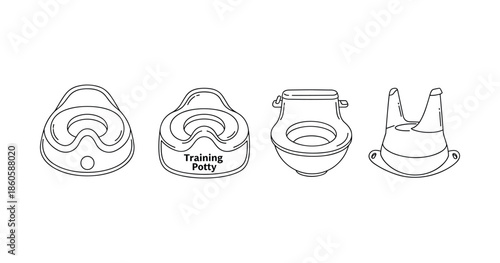 Line art of various children's potty training seats in minimalist style