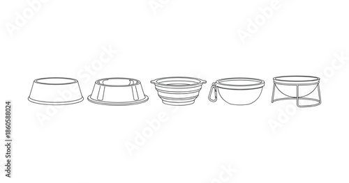 Outline of five collapsible buckets in various designs and styles