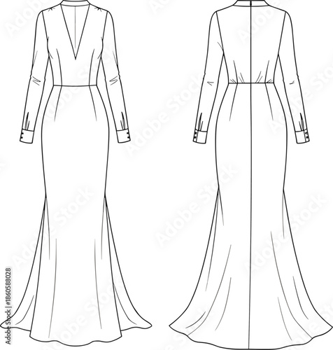 Elegant long sleeve evening gown sketch, V-neck slim silhouette dress cad drawing, fashion flat vector illustration for design templates