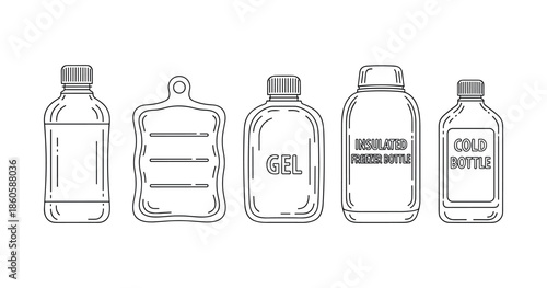 Line art of various cold packs and insulated freezer bottles