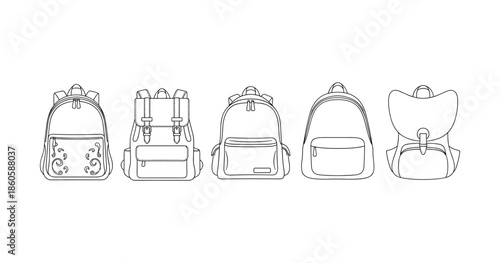 Line art drawing of five unique backpack designs in black and white