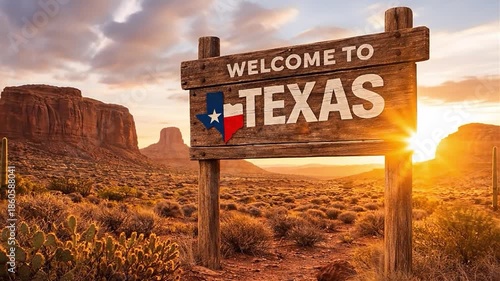Welcome to Texas Sign in Desert with Sunrise Timelapse
