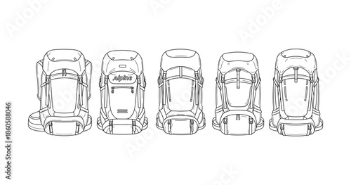 Detailed line art of alpine backpacks from five angles for outdoor enthusiasts