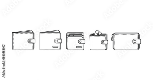 Set of minimalist wallet outlines with cards and accessories