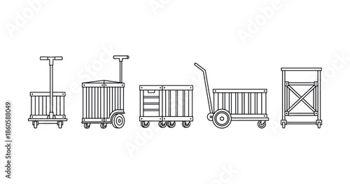Set of wheeled wooden carts: trolley, flatbed, box, cage, dolly