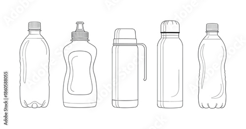 Outline of various reusable and plastic bottles with different shapes and caps