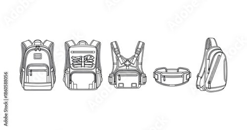 Outline of various backpack and bag designs for outdoor activities